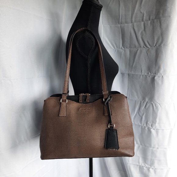 Guess Lyndi Shoulder Handbag Croc Embossed Animal Print Brown Black Med. Size - Picture 8 of 17